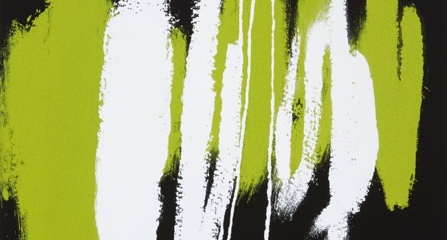 A screenprint with an abstract composition of vertical brushstrokes in white and lime green on a black background