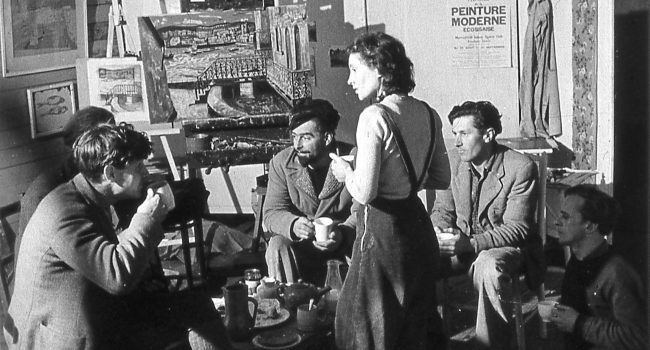 A Meeting of the Crypt Group in Wilhelmina Barns-Graham Porthmeor Studio, St Ives, 1947 Left to right: Peter Lanyon, Bryan Wynter (obscured), Sven Berlin, Wilhelmina Barns-Graham, John Wells and Guido Morris