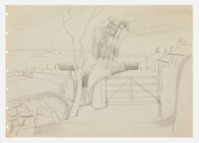 A pencil line drawing of a tree and gate with row of buildings, sea and island in the background
